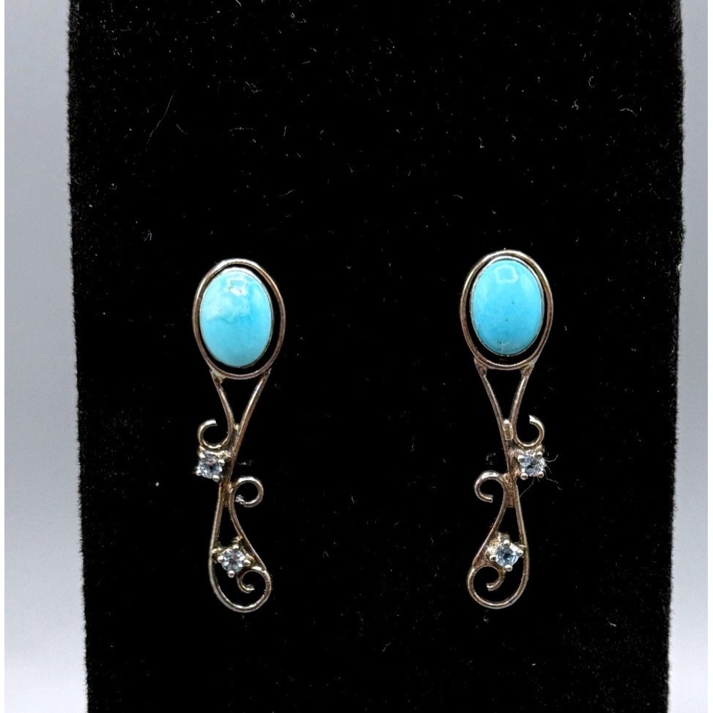 Turquoise Scroll Drop Earrings Silver Tone Blue Topaz Accents Convertible 1.25"